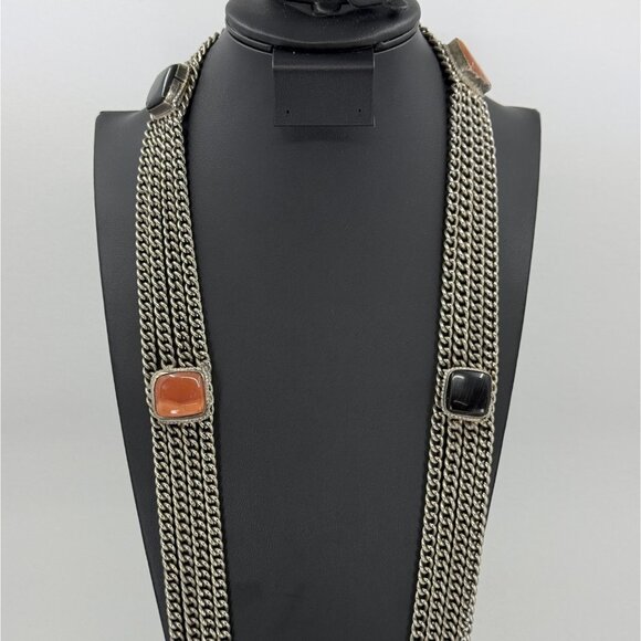 Vtg Multi Strand Pewter Chain Necklace Black Onyx Amber Color Stone Accents - Picture 2 of 16